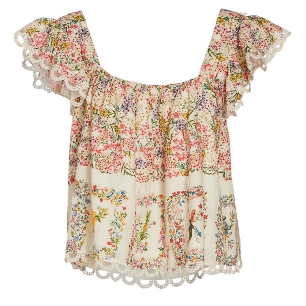 FARM Rio - Delicate Forest Scarves Squareneck Embroidered Blouse - Small